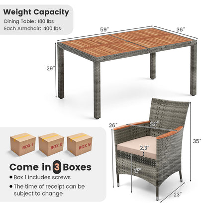 Tangkula 7 Pieces Outdoor Wicker Dining Set, Patio Dining Furniture Set with Acacia Wood Table and 6 Armchairs, Outdoor Table and Chairs Set with 1.96” Umbrella Hole and Cushions