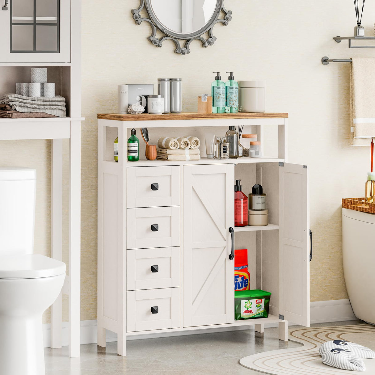 Farmhouse Storage Cabinet with 2 Doors and 4 Drawers, Freestanding Bathroom Storage Cabinet Kitchen Pantry Cabinet, Floor Storage Cabinet Hutch Cupboard for Kitchen/Living Room/Bathroom （Unique White） Befrases