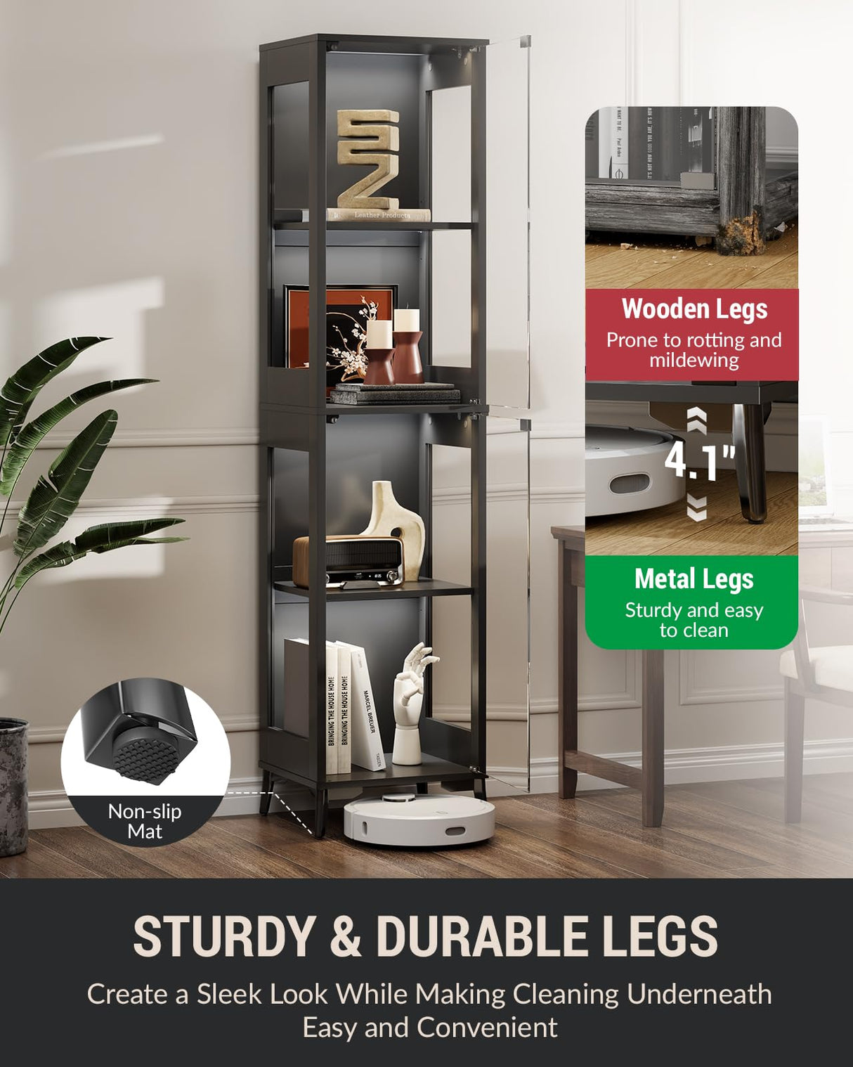 Glass Display Cabinet with Single Door, 4-Tier Display Case with Adjustable Shelves, RGB LED Lights with App & Remote Control, Metal Base Curio Storage Cabinet for Collectibles, Books, Living Room Zephome