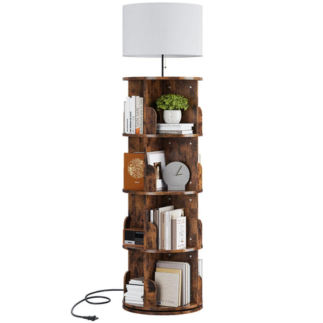 iabifo 4 Tier Rotating Bookshelf with Light, 360° Spinning Bookcase Tower, Vertical Floor Standing Revolving Bookshelf Organizer for Small Spaces, Corner, Living Room, Bedroom, Rustic Brown iabifo