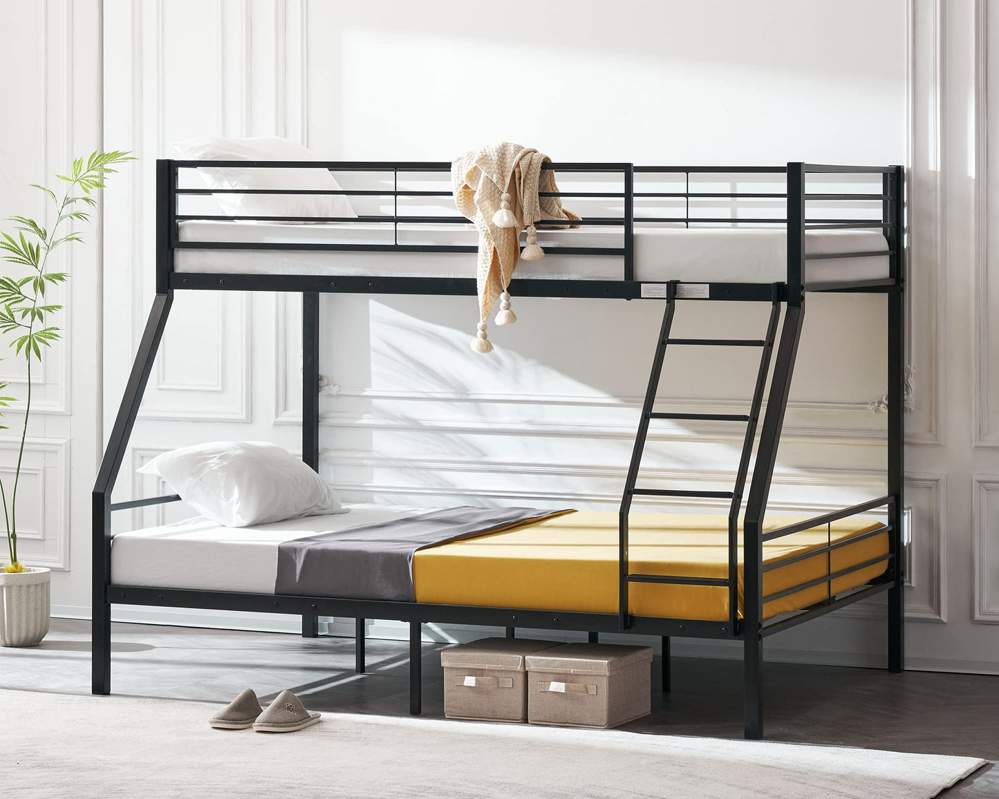 VINGLI Twin Over Full Bunk Bed for Kids/Adults with Stairs Flat Rungs, Heavy Duty Metal Slats, No Box Spring Needed, Black