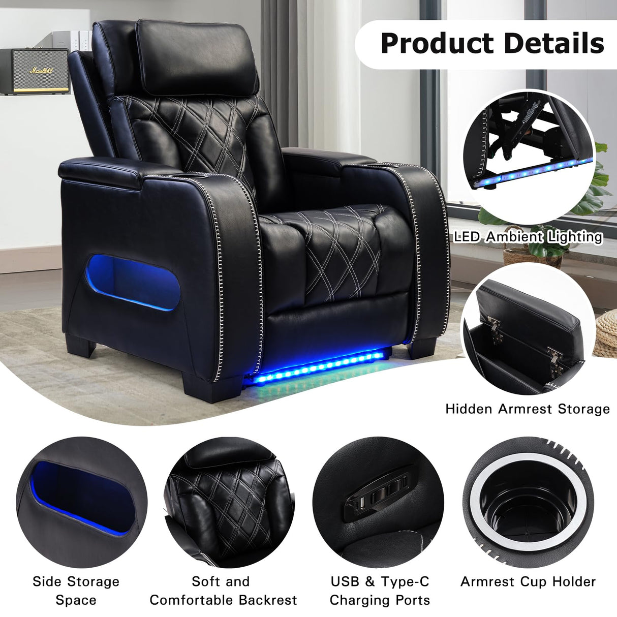 CANMOV Electric Power Recliner Chair with Adjustable Headrest, Breathable PU Leather Home Theater Seating with Ambient Lighting,Cup Holders,Armrest Storage,USB & Type C Ports,Black CANMOV