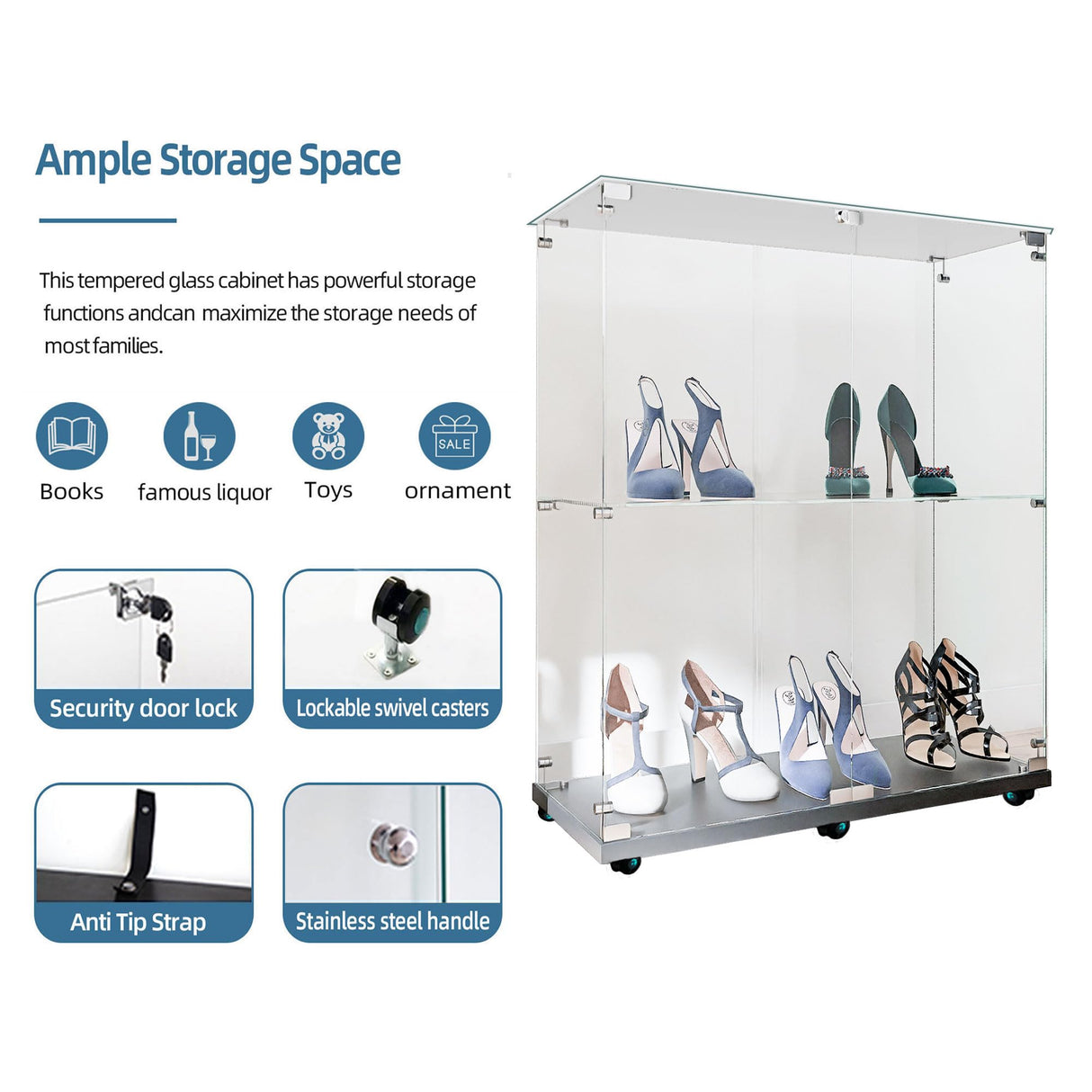 Yoluckea 2 Tiers Glass Display Cabinet with Bluetooth LED Light Strip, 2 Doors Floor Standing Curio Cabinet with Universal Wheel for Home, Black Glass Bookshelf for Collections, Clear Top Yoluckea