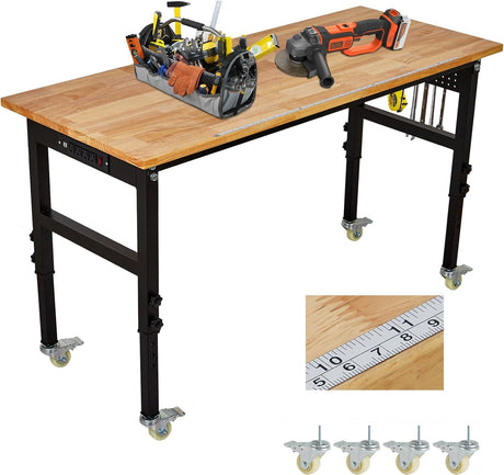 TrailBlaze Workbench Adjustable Work Bench, 48" x 24" Workbench for Garage Heavy Duty Workstation with 6 Hooks 2000 LBS Capacity Multipurpose Rubber Wood Shop Table with Power Outlets Hardwood TrailBlaze