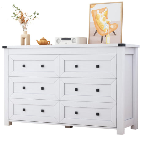 Dresser for Bedroom with 6 Drawers, Farmhouse Wood Chest of Drawers, Wide TV Stand Closet Storage Furniture with Metal Handle, Modern Clothes Organizer for Hallway, Living Room, Entryway, White Xixini