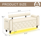 51" Ottoman with Storage, Storage Ottoman Bench with Upholstered Backrest, Tufted Entryway Bench with Curved Arm Support, End of Bed Bench with LED Lights, Storage Bench for Bedroom,Living Room,Beige Tagafi