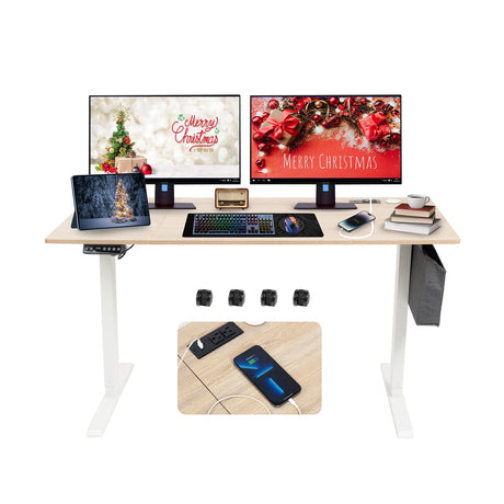 PORIYA 55x24 Inch Electric Height Adjustable Standing Desk with Cable Management, Acceptable 220V,Splice Board, Mouse Pad, 2-Outlet Power Strip with USB 20W Charger, and Casters（White Frame&Log Top） PORIYA