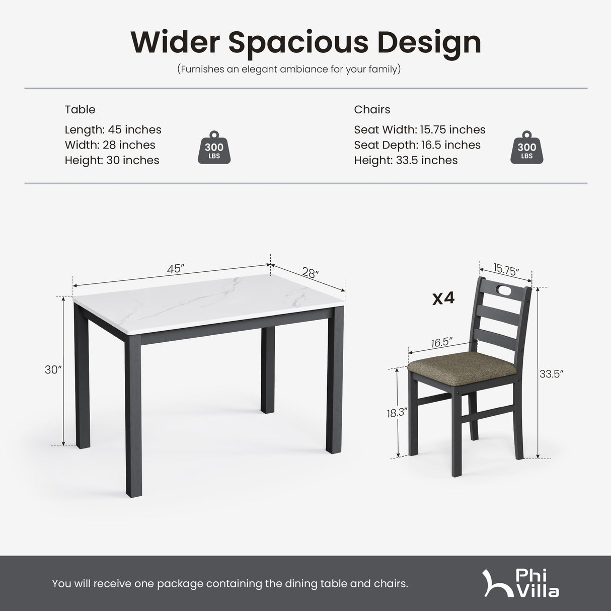 PHI VILLA Dining Table Set for 4, Modern Farmhouse Kitchen Table Set, Faux Marble Dining Table and 4 Cushioned Chairs, Solid Rubber Wood Dining Room Table Set, Venatino White Marble& Black PHI VILLA