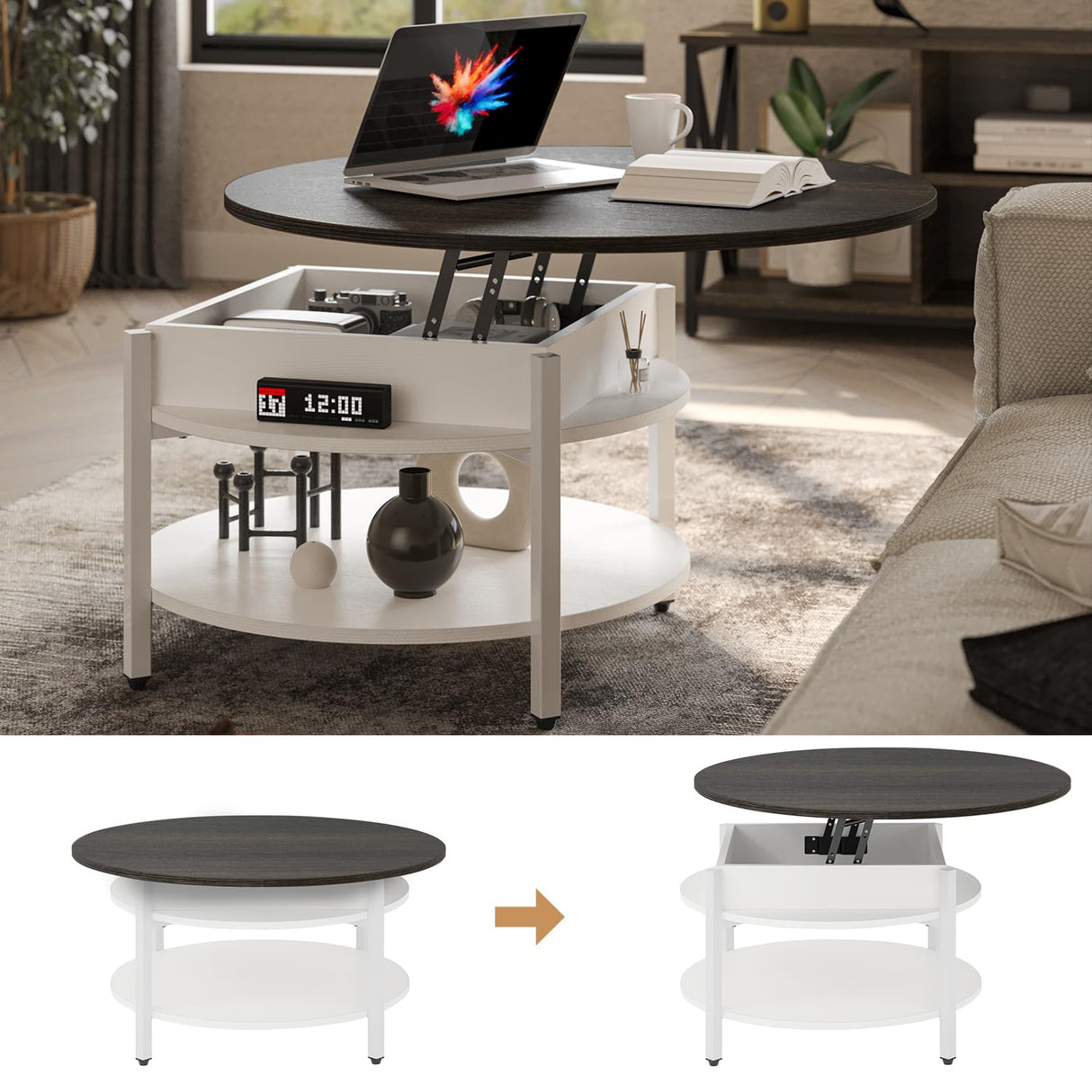 FABATO Round Lift Top Coffee Table with Storage and Hidden Compartment, 26.77'' Farmhouse Coffee Table for Living Room Reception Room, 2 Tier Small Round Coffee Table Circle Dining Table, White FABATO