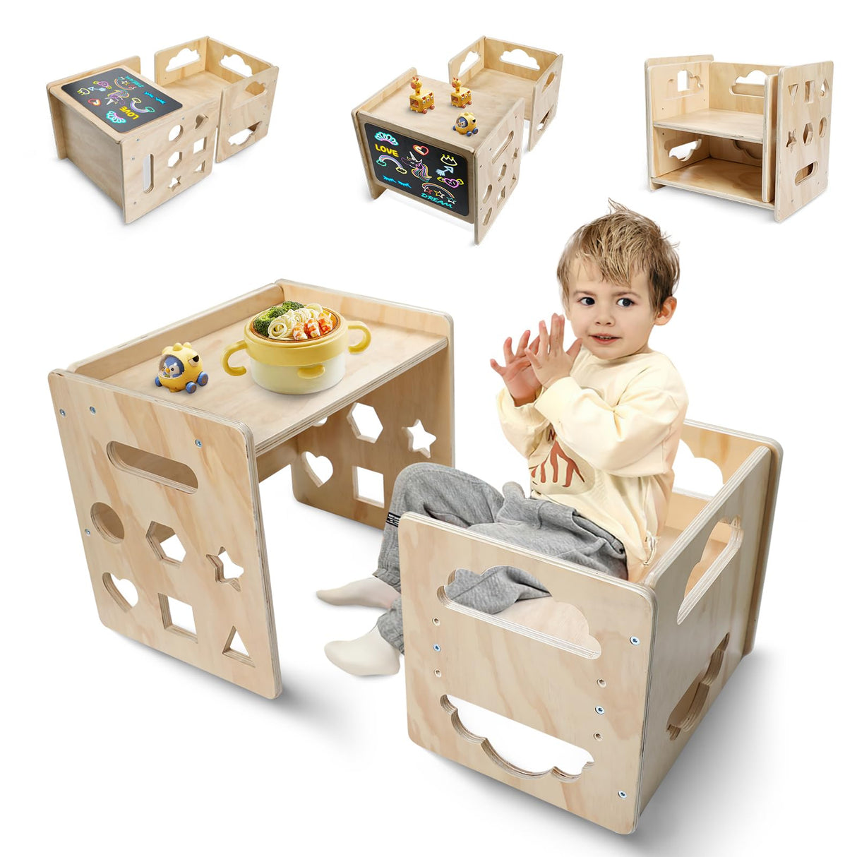 Montessori Weaning Table and Chair Set, Wooden Toddler Table and Chair Set Kids Activity Table Step Stools with Blackboard & 3 Heights Adjustable, 1-3 Age Kids Funiture for Eating Drawing Reading Satisure