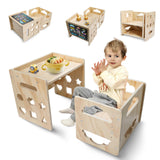 Montessori Weaning Table and Chair Set, Wooden Toddler Table and Chair Set Kids Activity Table Step Stools with Blackboard & 3 Heights Adjustable, 1-3 Age Kids Funiture for Eating Drawing Reading Satisure