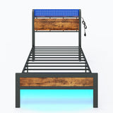 Furnulem Twin Bed Frame with LED Lights, Charging Station, and Under-Bed Storage in Rustic Brown Furnulem