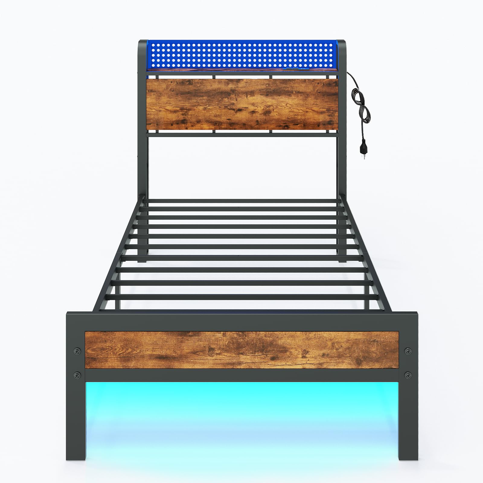 Furnulem Twin Bed Frame with LED Lights, Charging Station, and Under-Bed Storage in Rustic Brown - WoodArtSupply