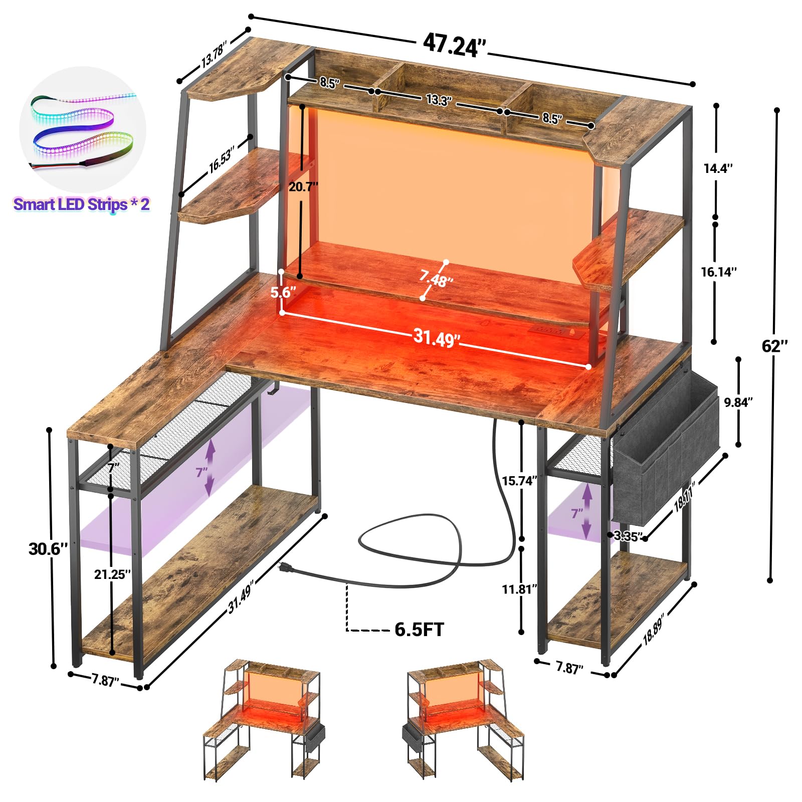 L Shaped Gaming Desk with Hutch, 47'' Gaming Computer Desk with LED Lights & Power Strips, Reversible L-shaped PC Gaming Desk with Storage Shelves, L Desk for Gaming with Monitor Stand, Rusti - WoodArtSupply