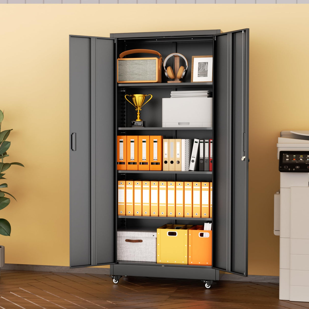 INTERGREAT Metal Storage Cabinet with Wheels, 73" Rolling Storage Cabinet with Doors and Shelves, Black Garage Cabinets with Lock, Steel Cabinet for Office, Garage, Home, Shop INTERGREAT