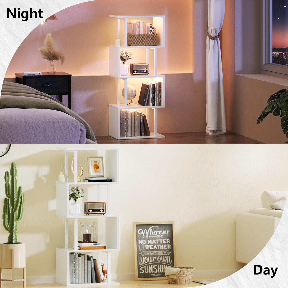 Furologee White Geometric Bookshelf with LED Light, 5 Tier S-Shaped Small Bookcase, Modern Display Standing Shelf, Metal Wooden Decorative Storage Shelves for Bedroom, Living Room, Office Furologee