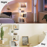 Furologee White Geometric Bookshelf with LED Light, 5 Tier S-Shaped Small Bookcase, Modern Display Standing Shelf, Metal Wooden Decorative Storage Shelves for Bedroom, Living Room, Office Furologee
