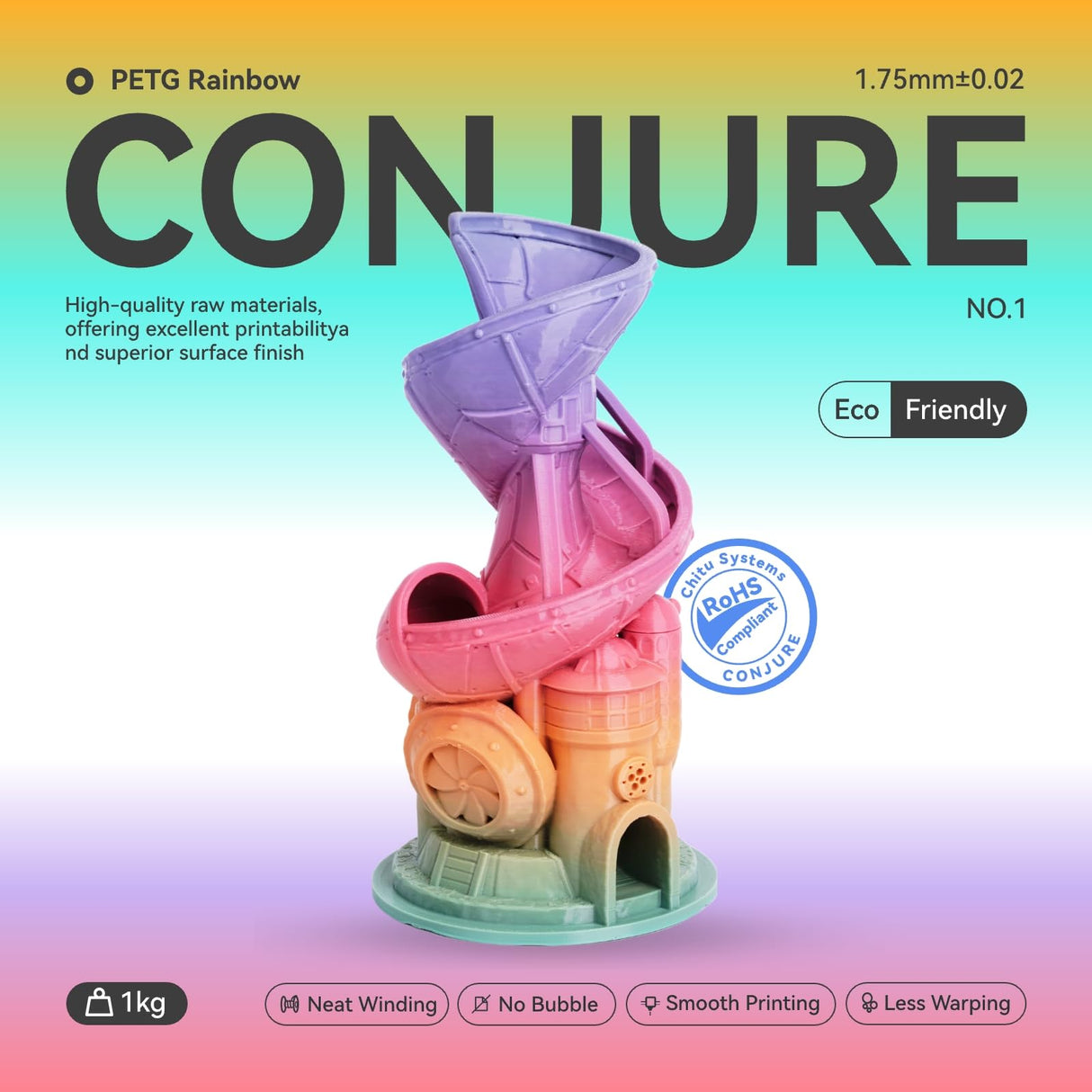 Conjure PETG Rainbow 3D Printer Filament, Candy Rainbow Green Pink Yellow Pureple Orange 1.75mm Christmas 3D Printing Filament 1KG/2.2lb chitu systems