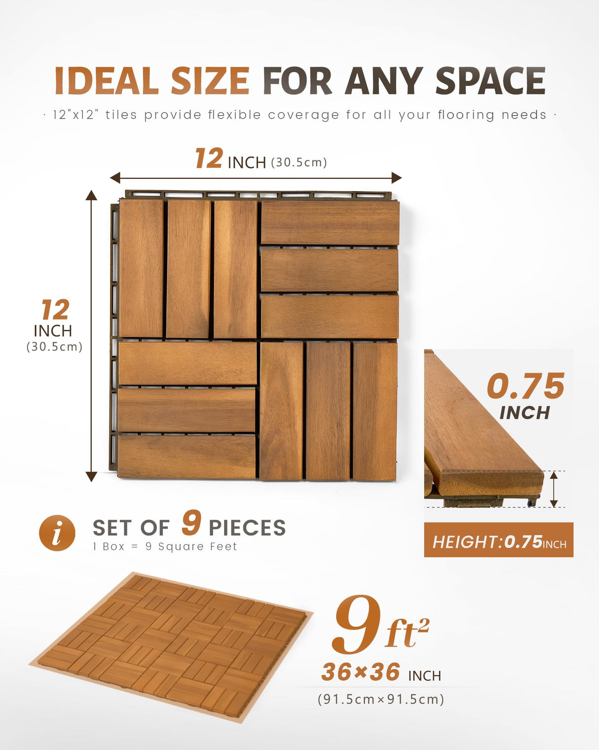 Upolana 9 PCS Interlocking Deck Tiles 12" x 12", 12 Slats Outdoor Flooring Acacia Wood Patio Tiles, Waterproof Patio Flooring Decking for Balcony Backyard, Indoor and Outdoor Use Upolana