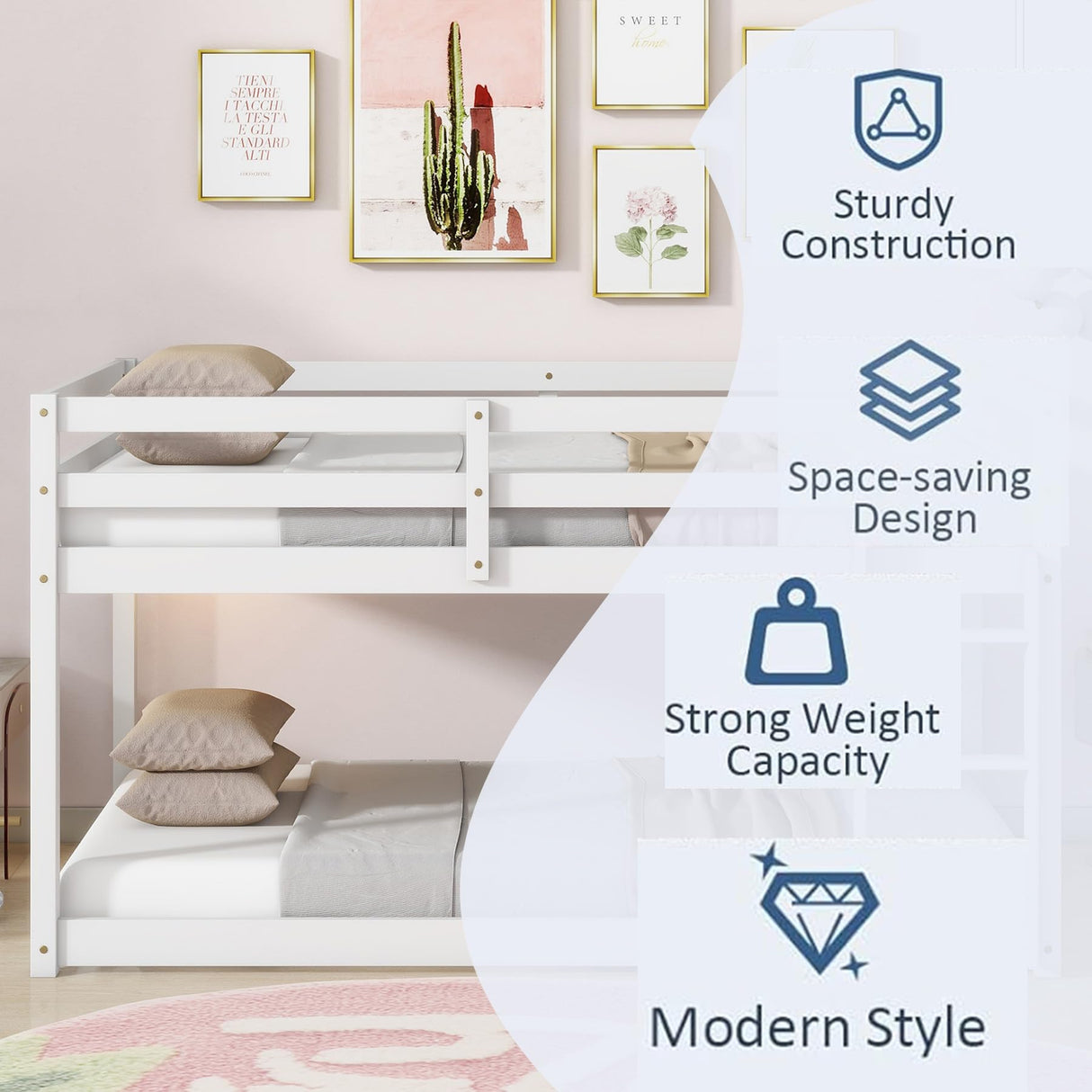 Anwick Low Bunk Bed Twin Over Twin, Floor Bunk Bed with Stairs, Twin Bunk Bed with High Rails Guardrail, Wooden Bunk Beds for Kids Girls Boys, No Box Spring Needed (White) Anwick