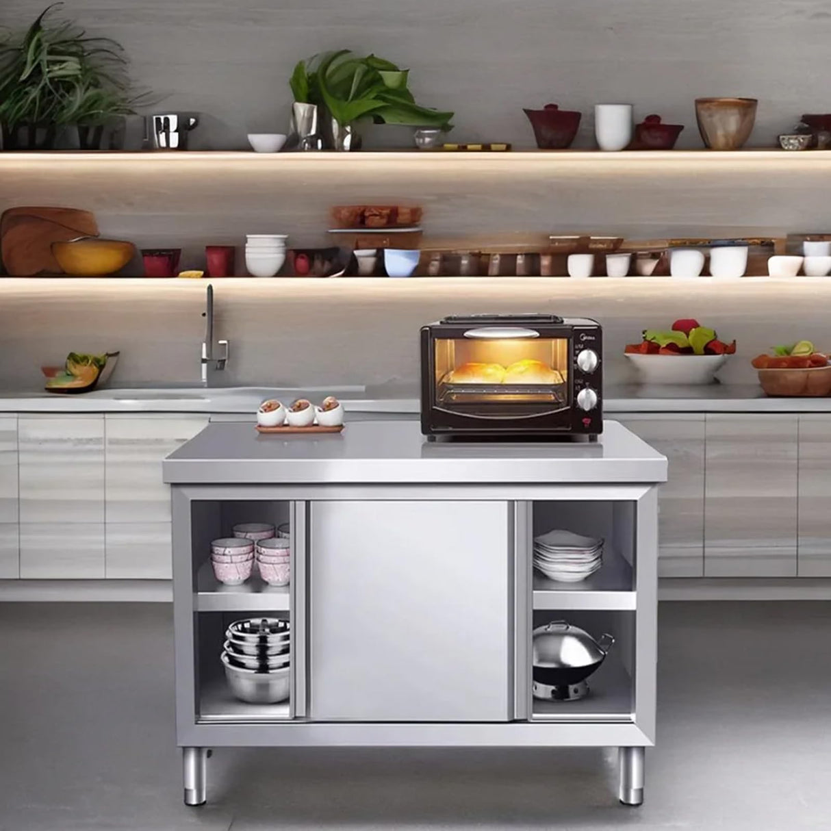 EHONXI Stainless Steel Commercial Worktable w/Sliding Doors for Prep & Work, 39" x 20" Commercial Kitchen Prep Table, Heavy Duty Workbench w/Cabinet for Home, Restaurant, Hotel and Garage EHONXI