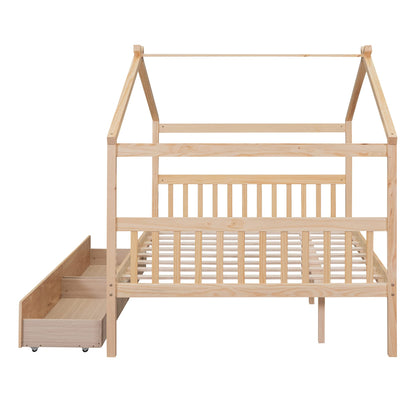 BOVZA Full Size Wooden House Bed with Storage Drawers for Kids - Natural Montessori Design