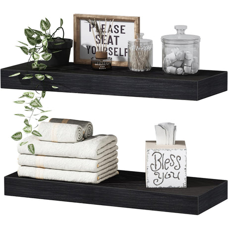 QEEIG Bathroom Floating Shelves for Wall - 15.7" Wall Mounted Shelf Over Toilet Farmhouse Home Decor Display Bookshelf Small 15.7 x 6.7 inch Set of 2, Black (008-40B) QEEIG