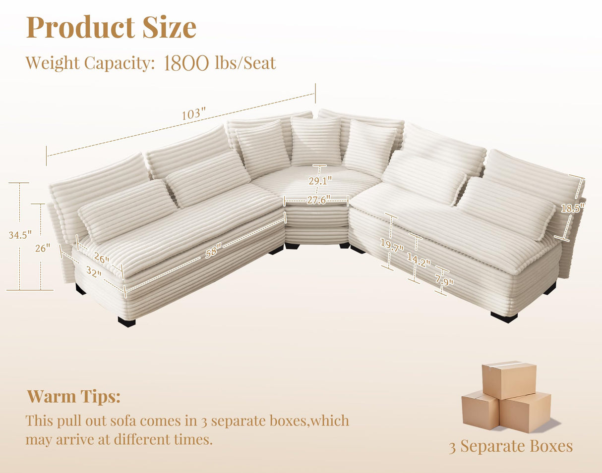 GRAINLLE 103'' L Shaped Corner Sectional Sofa,5-Seater Cloud Corner Couch with Pillows, Large Comfy Corduroy L Couch for Living Room,Apartment,Bedroom (White) GRAINLLE