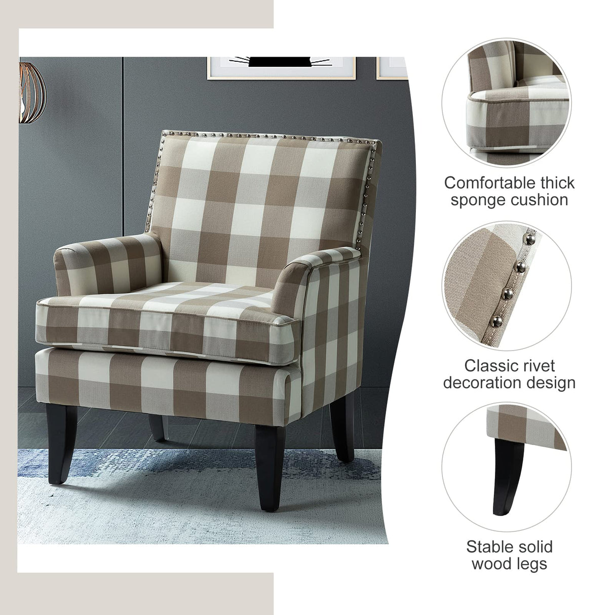 HULALA HOME Modern Accent Chair with Arms and Wooden Legs, Mid Century Accent Chair Armchair High Back Rest, Padded Armrest and Comfortable Cushioned Seat for Living Room (Buffalo Beige) HULALA HOME