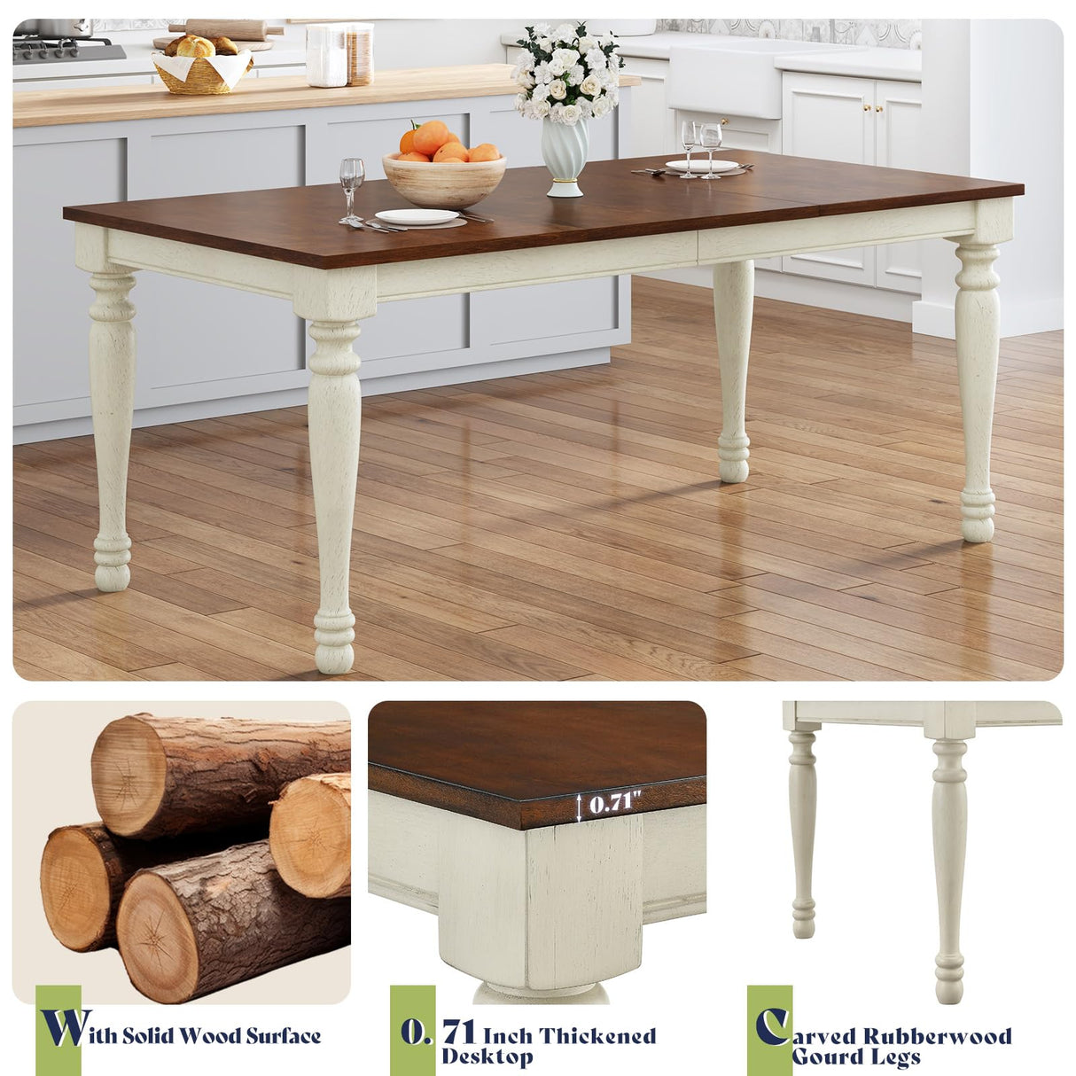 AMERLIFE 6-Piece Farmhouse Dining Table Set, 71” Solid Wood Table, 4 Upholstered Chairs and Bench, Rustic White and Walnut Finish, Seating for 6, for Kitchen or Dining Room AMERLIFE