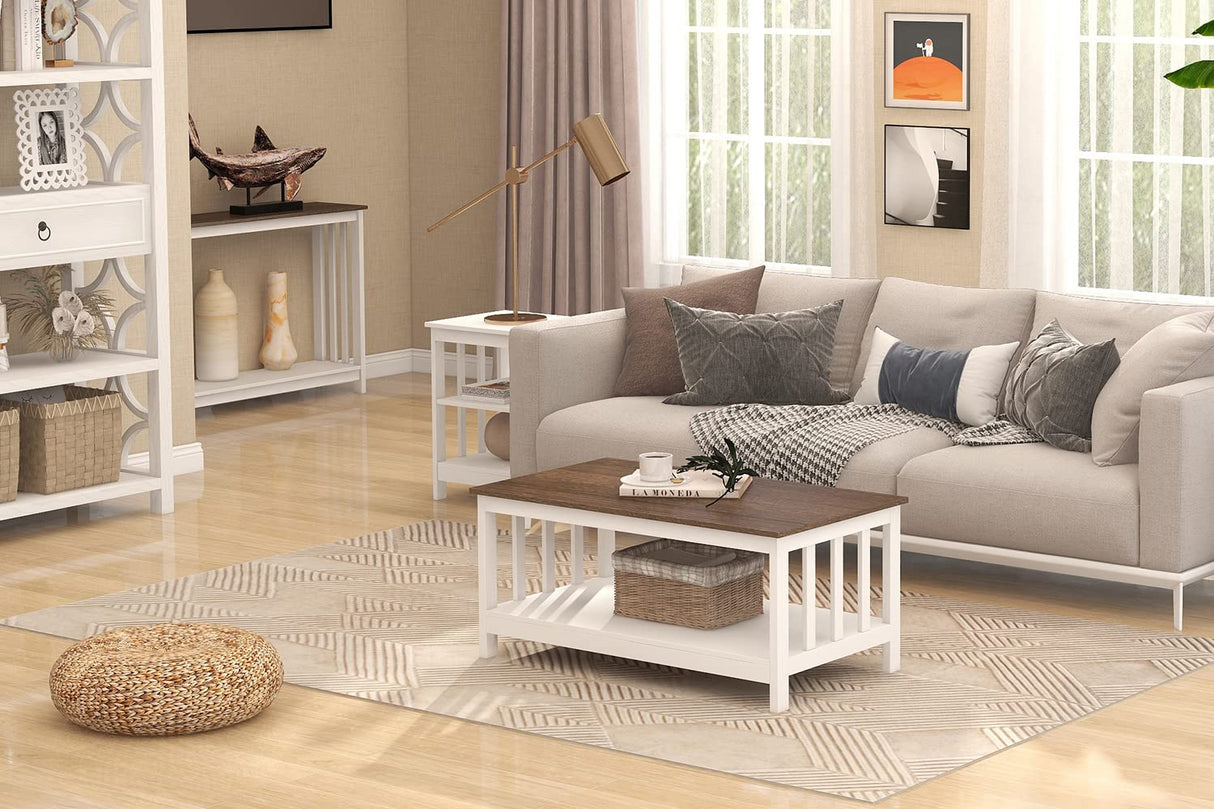 ChooChoo White Coffee Table, Farmhouse Living Room Table with Shelf, 40 Inch ChooChoo