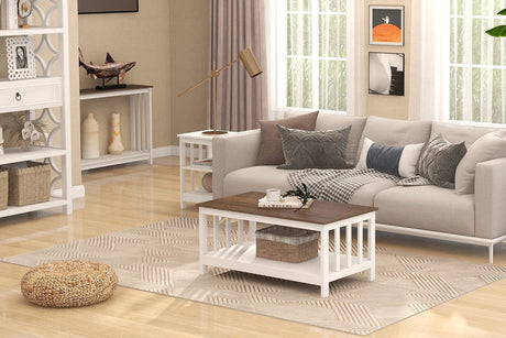 ChooChoo White Coffee Table, Farmhouse Living Room Table with Shelf, 40 Inch ChooChoo