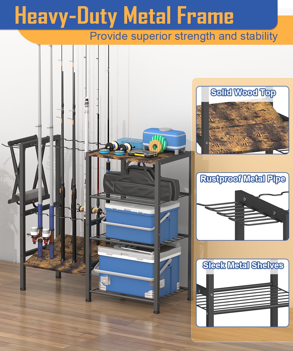 Tigerden Fishing Rod Holders for Garage, Fishing Pole Holder Stand with Multifunctional Hook, 4 Tier Fishing Gear Equipment Organizers Rack, Fits Most Rods of 1.57" for Home Entryway Corner, Black Tigerden