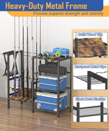 Tigerden Fishing Rod Holders for Garage, Fishing Pole Holder Stand with Multifunctional Hook, 4 Tier Fishing Gear Equipment Organizers Rack, Fits Most Rods of 1.57" for Home Entryway Corner, Black Tigerden