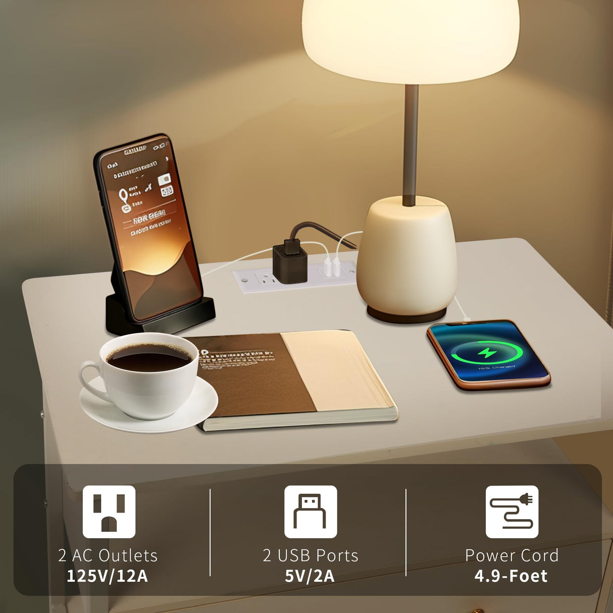 Edbuosy 27 inch Wide Nightstand Set of 2 with LED,Side Table with One Wooden Drawer，Nightstand with Charging Station,End Table Bedside Table with USB Ports and Outlets,White with LED Edbuosy