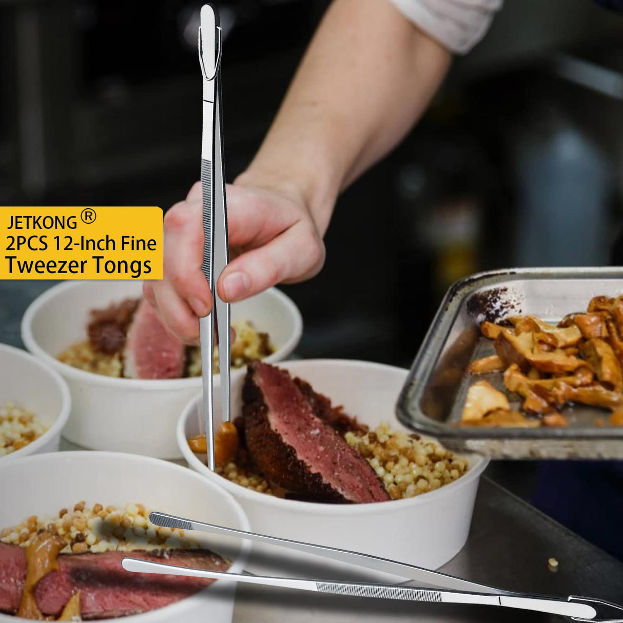 JETKONG 2 Pcs 12-Inch Kitchen Tweezers Fine Tweezer Tongs, Extra-Long Stainless Steel Cooking Tweezers (Silver) JETKONG