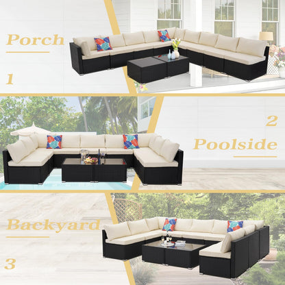 Wonlink 11 Pieces Patio Conversation Set, Rattan Sectional Patio Sofa, Outdoor Wicker Furniture Sets for Porch Deck Poolside Balcony - WoodArtSupply