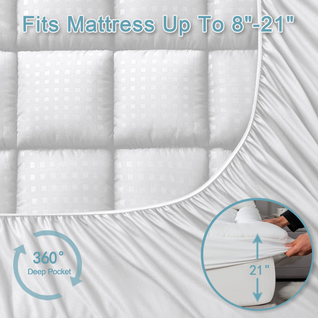 HYLEORY Queen Mattress Pad Quilted Fitted Mattress Protector Cooling Pillow Top Mattress Cover Breathable Fluffy Soft Mattress Topper with 8-21" Deep Pocket HYLEORY
