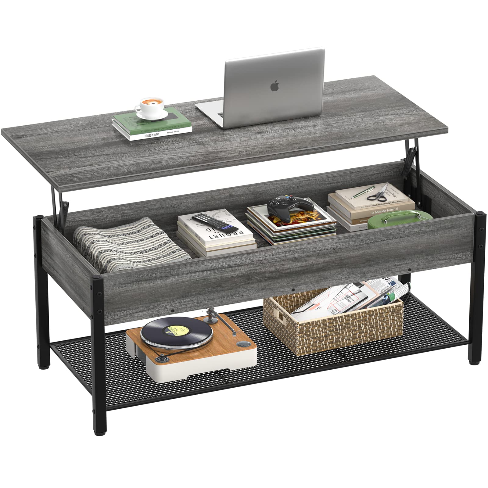 Homieasy Lift Top Coffee Table with Storage Shelf and Hidden Compartment, Modern Lift Top Table for Living Room, Wood Lift Tabletop, Metal Frame - Black Oak - WoodArtSupply