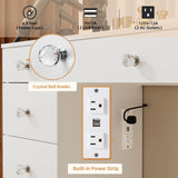 VOWNER Vanity with Lighted Mirror - 47" Glass Top Makeup Vanity Desk with 9 Drawers and Power Outlet, 3 Color Lighting Modes Adjustable Brightness, Makeup Desk with Cushioned Stool for Bedroom, White VOWNER