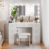 VOWNER Vanity with Lighted Mirror - Makeup Vanity Desk with Power Outlet and 7 Drawers, 3 Color Lighting Modes Adjustable Brightness, 44" Vanity Table with Soft Cushioned Stool for Women Girls, Marble VOWNER