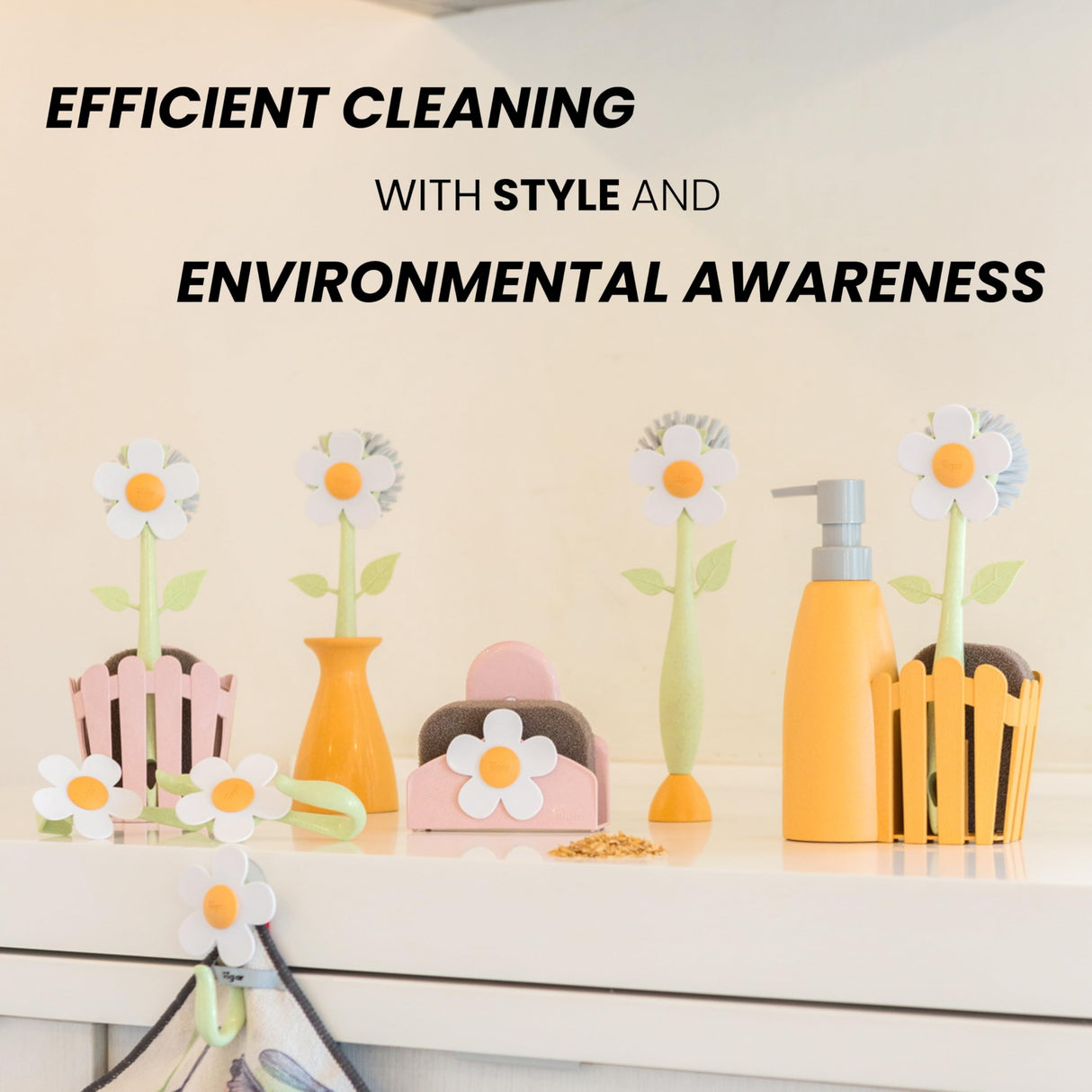 Vigar Florganic Daisy-Shaped Dish Brush, a Dish Brush with Handle, and a Dish Brush with Stand for Pot Scrubber, Kitchen Dishes, and Sink Cleaning Vigar