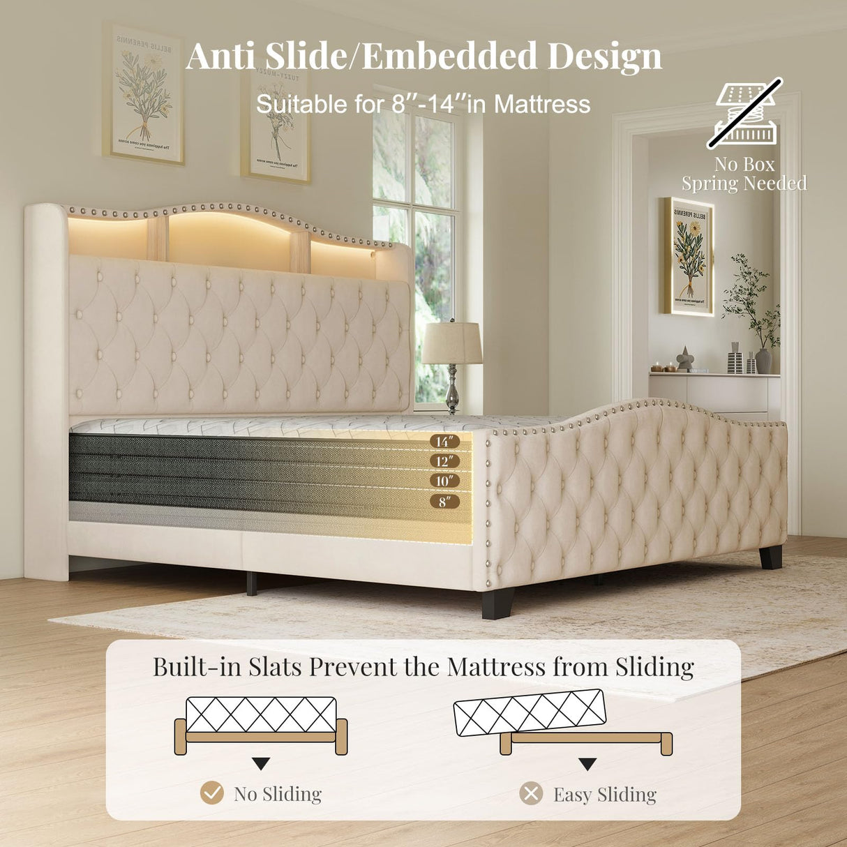 Belffin King Size Bed Frame and Headboard, 50.9" Velvet Upholstered Wingback Bedframe with LED Lights & Storage/Charging Station, Button Tufted Tall Footboard, No Box Spring Needed, Noise-Free, Beige Belffin