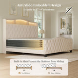 Belffin King Size Bed Frame and Headboard, 50.9" Velvet Upholstered Wingback Bedframe with LED Lights & Storage/Charging Station, Button Tufted Tall Footboard, No Box Spring Needed, Noise-Free, Beige Belffin