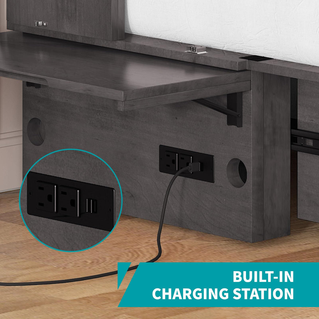 BALUS Murphy Cabinet Bed, Queen Size Cabinet Chest Bed with USB Charging Station, Tri-Fold Mattress, 2 Storage Drawers Modern Convertible Wooden Wall Beds for Apartment Bedroom - Dark Grey BALUS