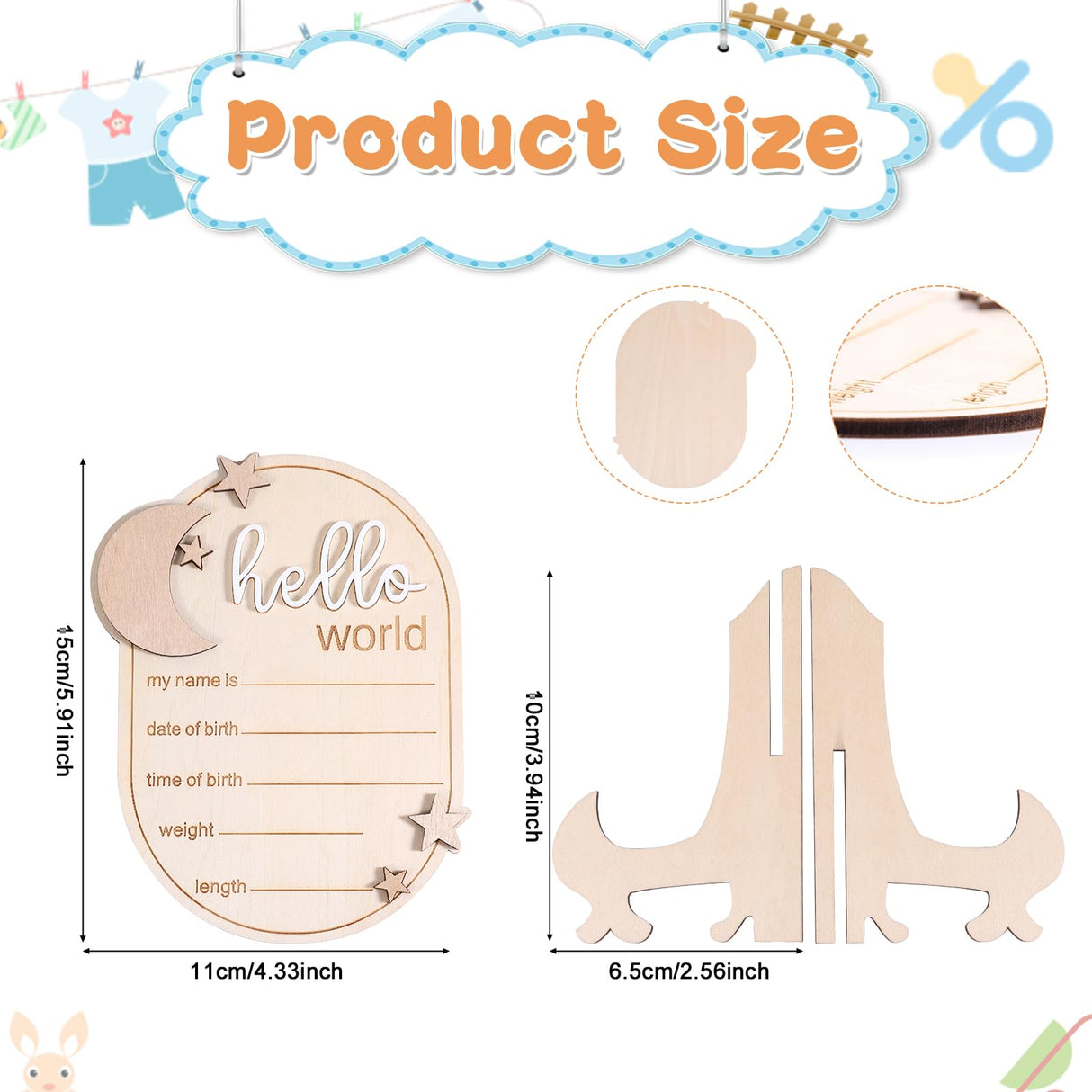 Baby Announcement Sign, 5.91x4.33 Inch Wooden Newborn Announcement Sign with Stand Wood Hello World Newborn Baby Name Sign Birth Announcement Sign for Home Hospital Nursery Gosknor