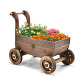 HAPPYGRILL Wagon Flower Planter Cart, 4-Wheel Wood Garden Wagon Decor with 2 Drainage Holes, Movable Flowerpot Holder Stand, Indoor Outdoor Raised Plant Bed HAPPYGRILL