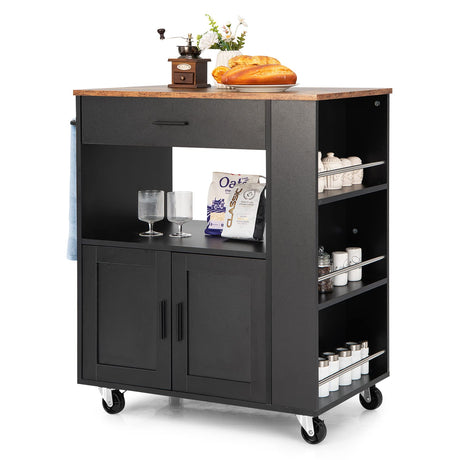 Giantex Kitchen Island on Wheels, Rolling Kitchen Trolley with 3 Spice Racks, Drawer, Open Shelf, 2-Door Cabinet, Kitchen Serving Cart with Towel Rack & 2 Lockable Casters (Black) Giantex