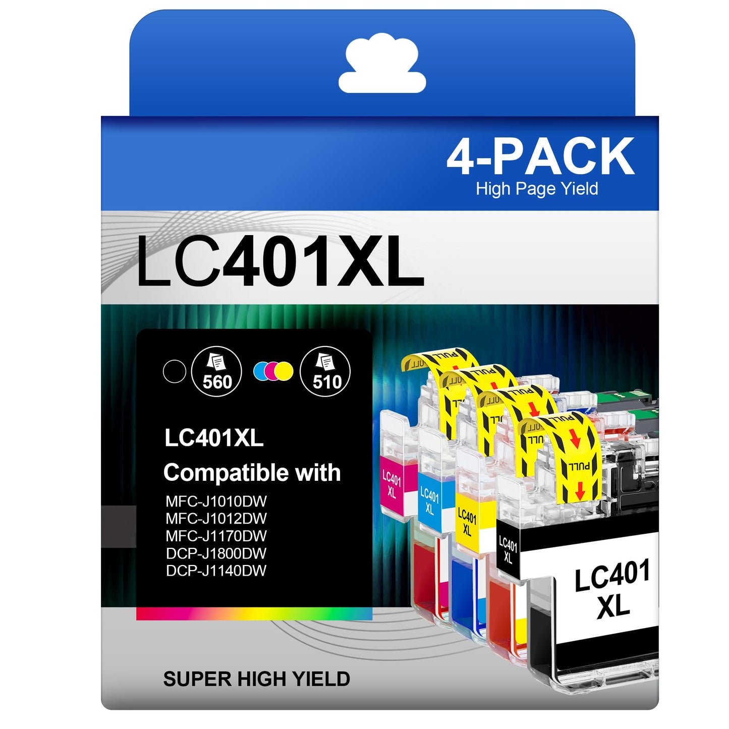 LC401XL Ink Cartridges for Brother Printer LC401 Ink High Yield for Brother LC401 Ink Cartridges Work for MFC-J1010DW MFC-J1170DW MFC-J1012DW MFC-J1800DW MFC J1010DW(4 Pack, Black Cyan Magenta Yellow)