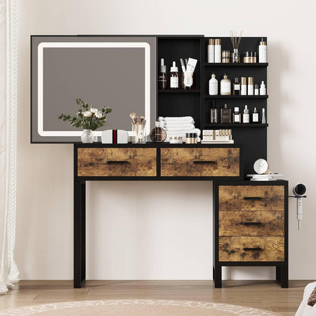 Makeup Vanity Desk with Sliding Mirror and Lights, Large Dressing Table with Charging Station, 3 Lighting Modes, 5 Large Drawers and 3 Tiers of Open Shelves for Bedroom, Dark Brown GarveeHome